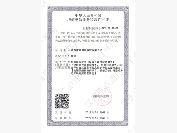 增值电信业务经营许可证（2019年获颁）